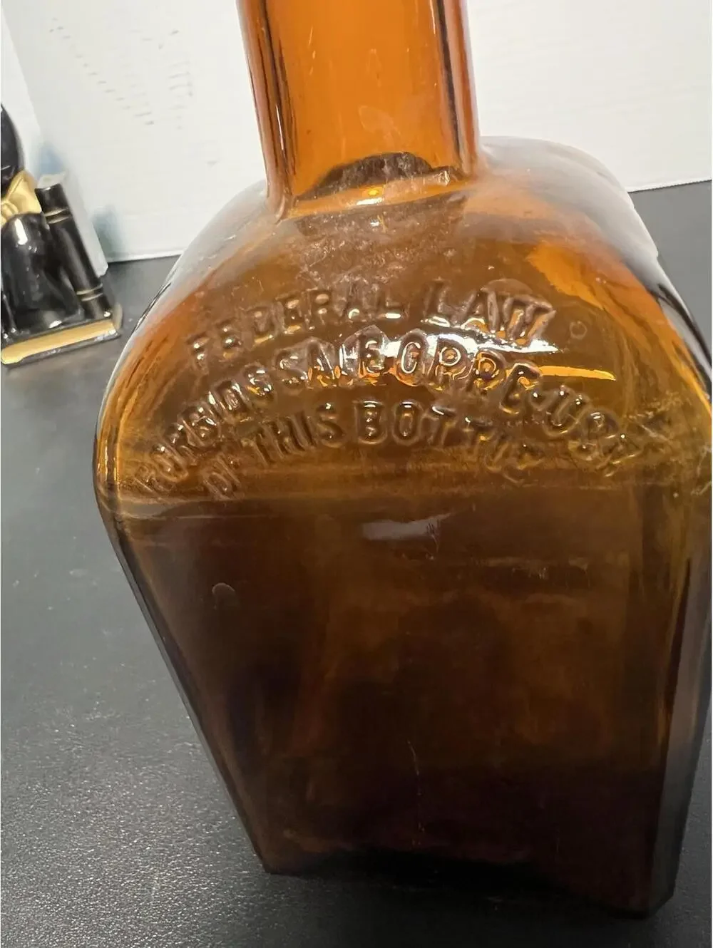Wheaton Glass Co 1952 Federal Law Amber Strap-Sided Liquor Bottle, 3.5x7.75”